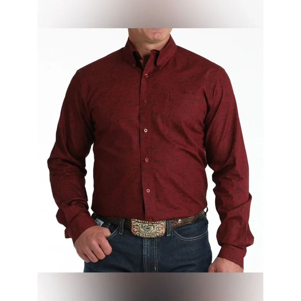 NEW Cinch Men’s Modern Fit Burgundy Paisley Button Up Shirt Size Medium